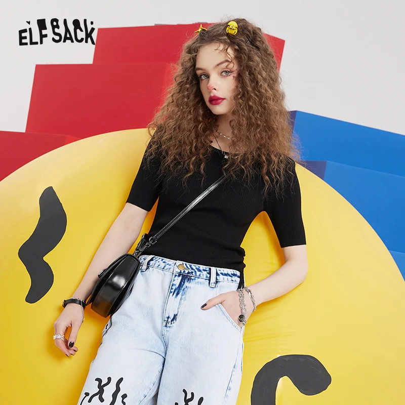 

ELFSACK Black Cutout Thin Knit Sweater Casual Women 2022 Spring Vintage Full Sleeve Korean Basic Top