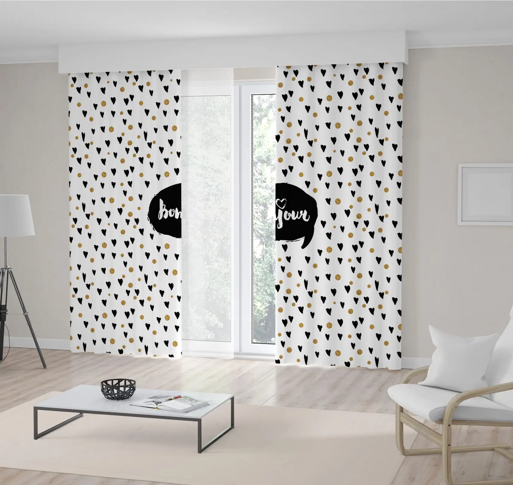 

Curtain Bonjour Creative Fashion Glamour Calligraphic Style Art with Hearts Dots Hello in French