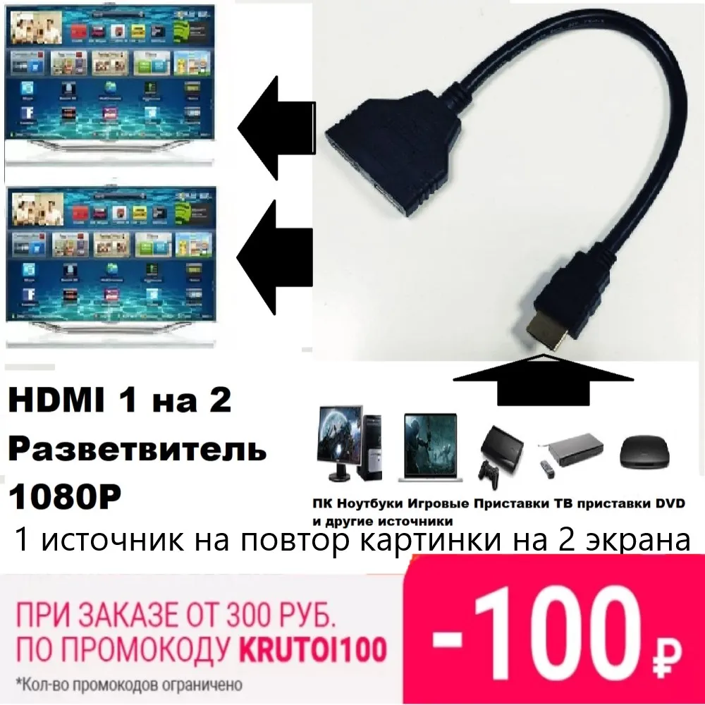 Hdmi разветвитель переходник 1 вход на 2 выхода 1080p дублирующий картинку сплиттер DVD