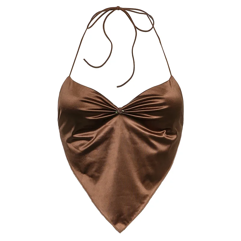 

Rockmore Y2K Brown Satin Sexy Bralette Halter Top Women Vintage 90s Aesthetic Clothes Sleeveless V Neck Ruched Beach Sweat Cami