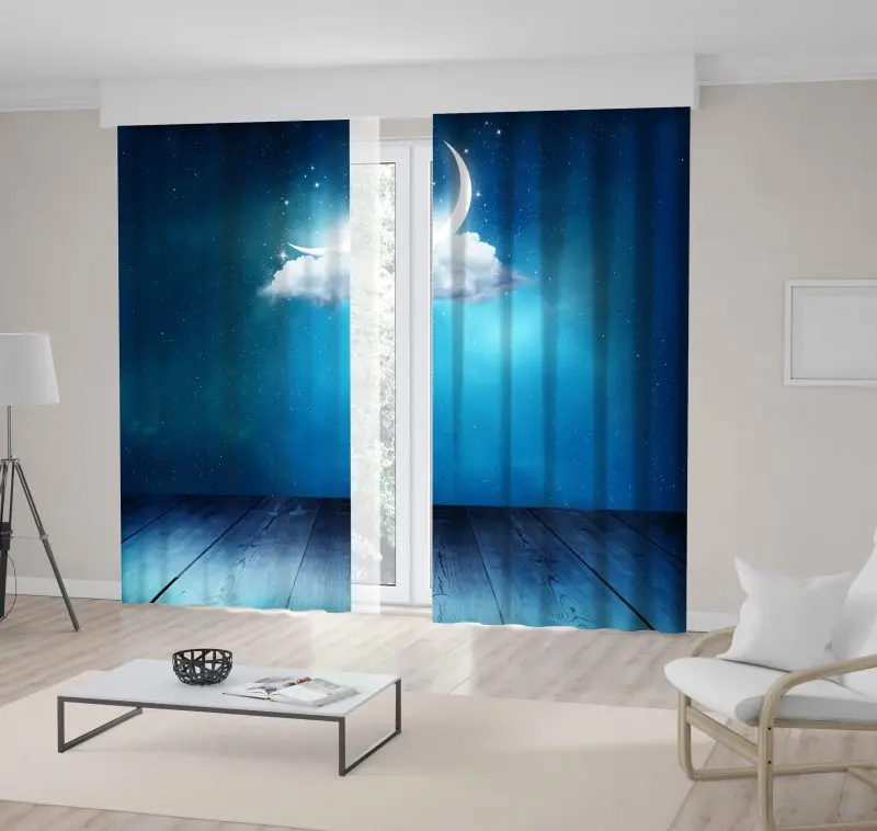 

Curtain Crescent Moon on A Cloud Against Starry Night Sky View From Wooden Deck Lunar Calendar New Month Blue White