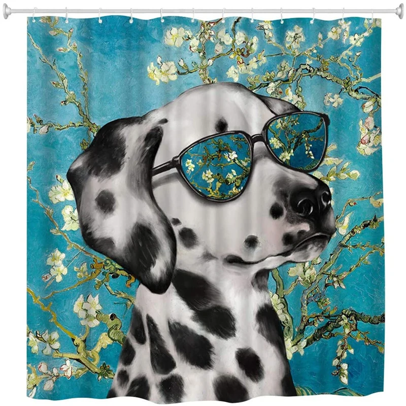 

Funny Shower Curtain Spotted Dog With Van Gogh Almond Blossom Print Flower For Bathroom With Hooks