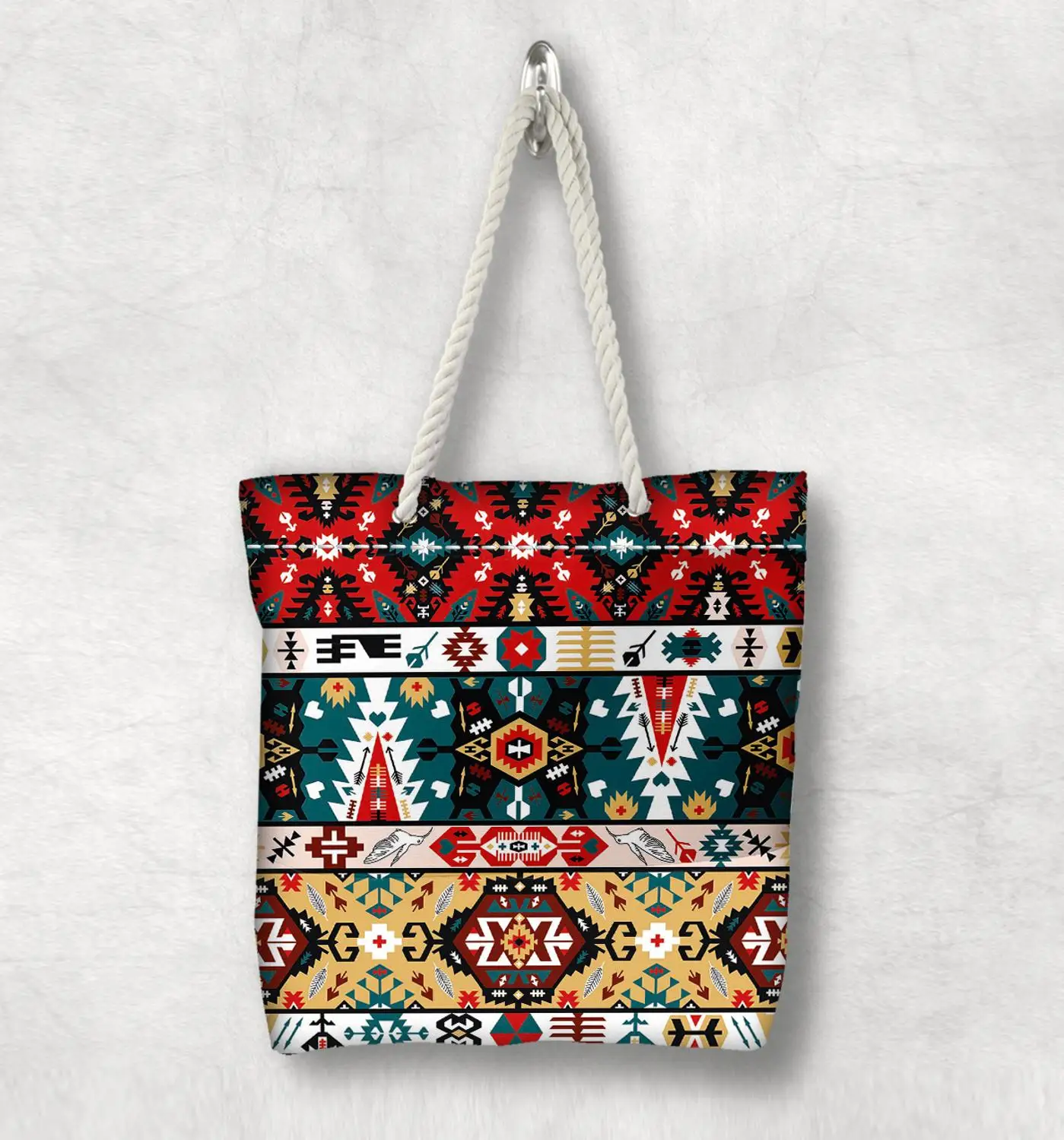 

Else Red Green Aztec Bohemian Vintage New Fashion White Rope Handle Canvas Bag Cotton Canvas Zippered Tote Bag Shoulder Bag