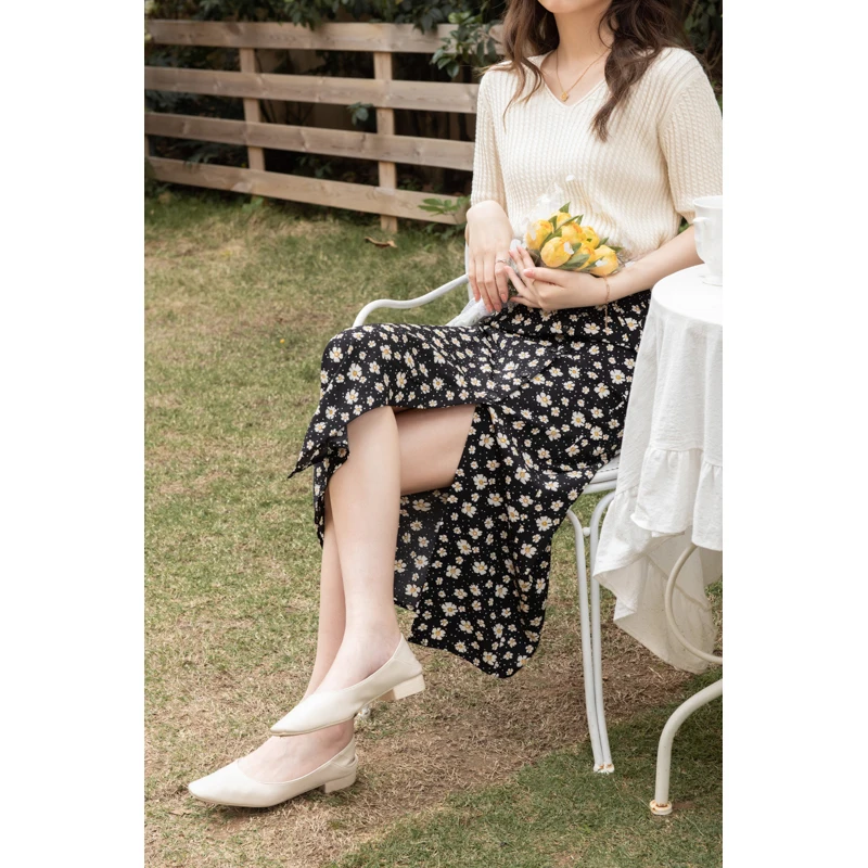 Женская юбка с разрезом и цветочным принтом винтажная Свободная до середины икры