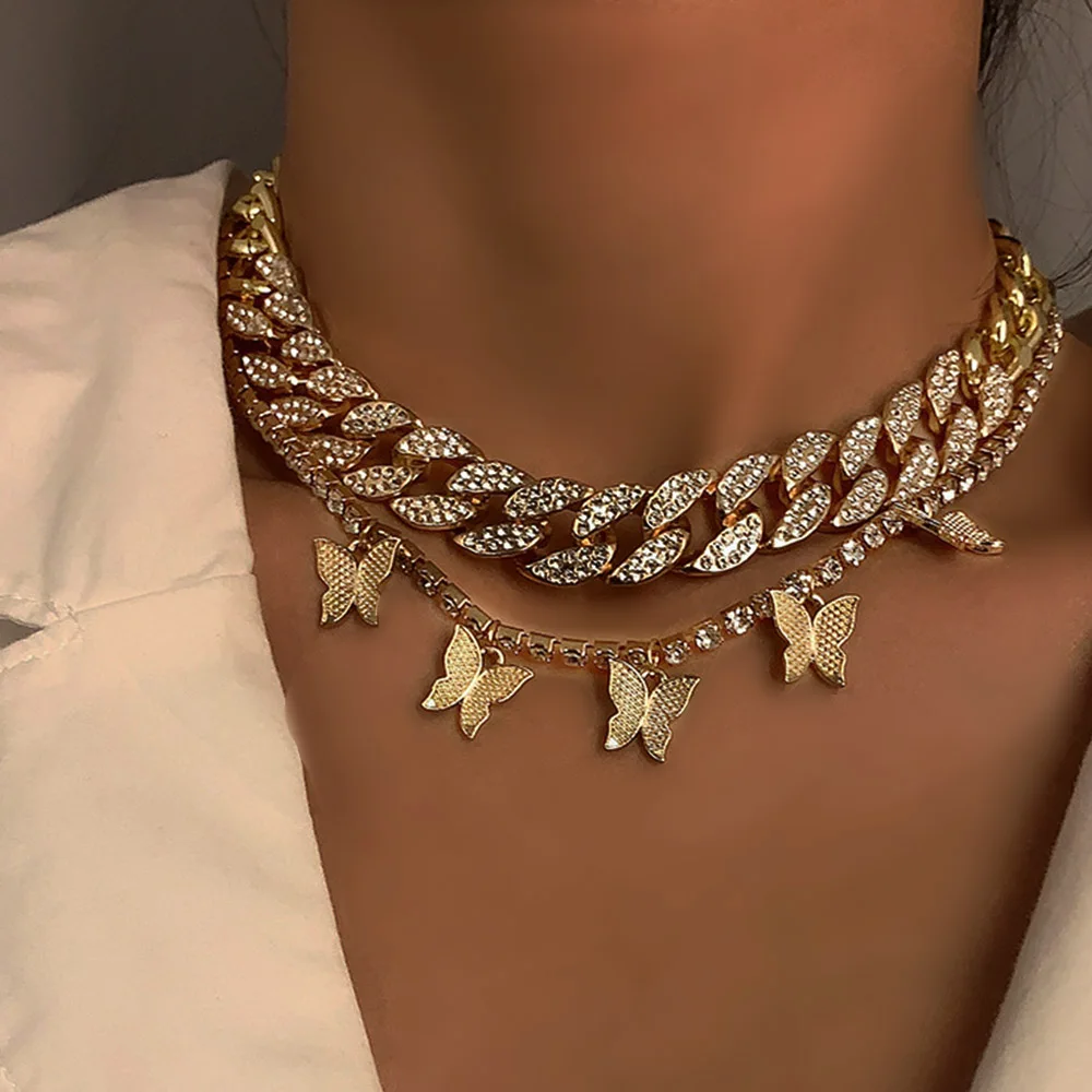 

Модные ожерелья стразы в виде бабочки, оптовая продажа для женщин, блестящее толстое колье, кубинские бриллианты, ожерелья, ювелирные издел...