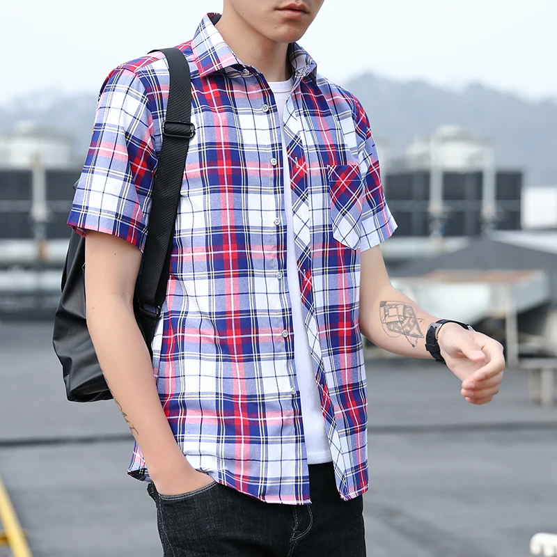 2022 New Cotton Shirts for Men Short Sleeve Summer Plus Size Plaid Shirt Male Shirt Business Casual White New Regular Fit