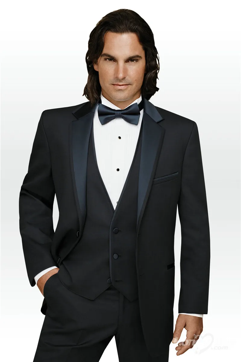

Custom Two Buttons Black Groom Tuxedos Three Pieces Suits Groomsman Prom Suits Business Suit Terno Noivo (Jacket+Pants+Vest+Bow)