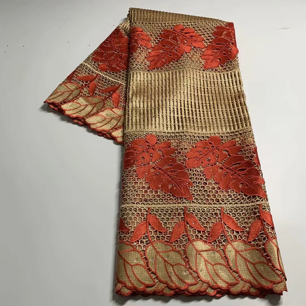 

Sinya Caramel/Gold Color Nigerian Water Soluble Guipure Lace Fabric Hot French Swiss Voile High Quality Stones Cord Sew Material