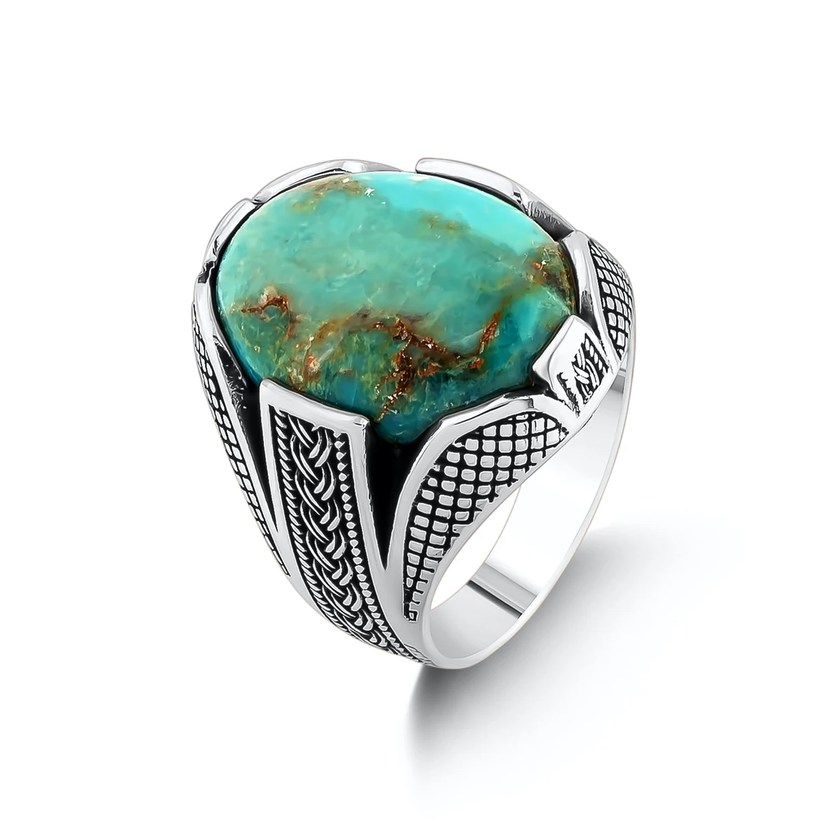 

Sterling Silver Ring with Oval Blue Turquoise Gemstone For Men Ornate Silver Men Ring