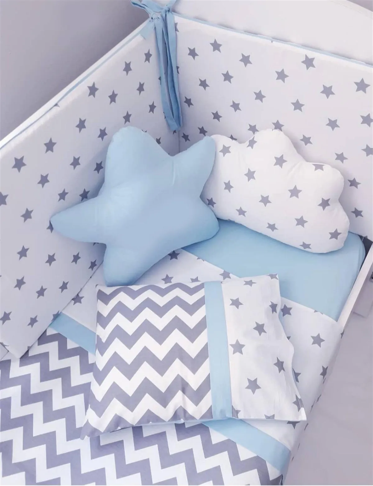 Jaju Baby Handmade, Gray Star Blue Combination Baby Duvet Cover Set and Edge Protection, Baby Duvet Cover, Baby Bed Sheet