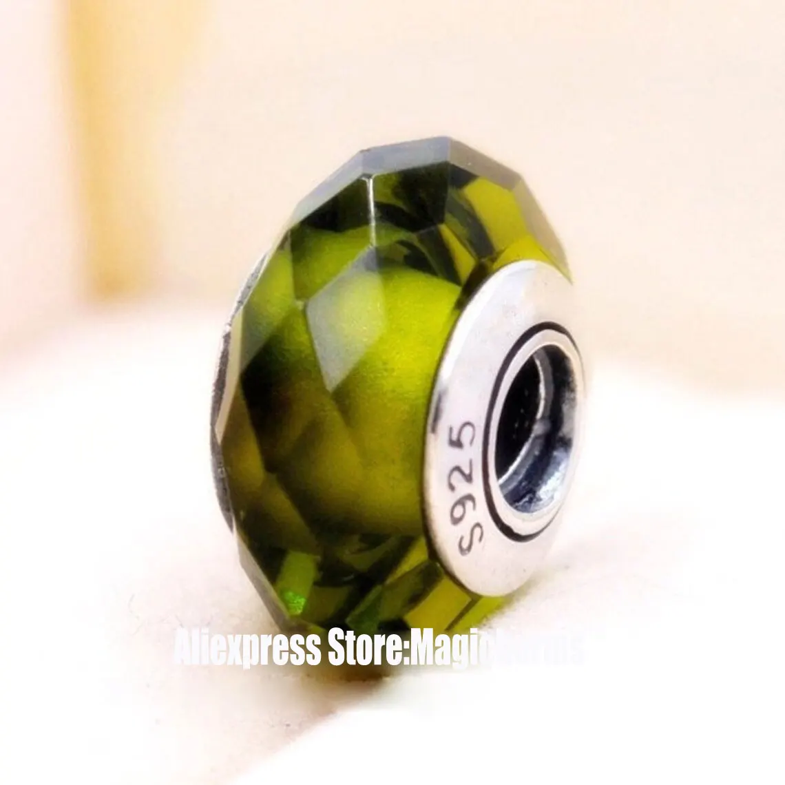 

925 Sterling Silver Yellow Green Fascinating Faceted Murano Glass Charm Bead For Pandora European Bracelet