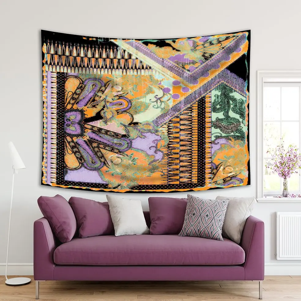 

Tapestry Floral Ehnic Patterns Disstressed Aged Look Artwork Purple Black Yellow
