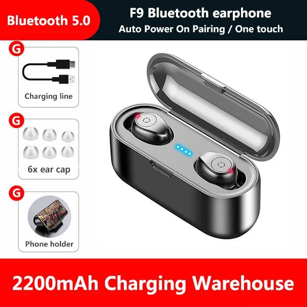 Синий F9 TWS Bluetooth наушники 5,0 Bluetooth гарнитура с микрофоном громкой связи Наушники Беспроводные наушники-вкладыши с 2000 мАч зарядная коробка - Цвет: Синий
