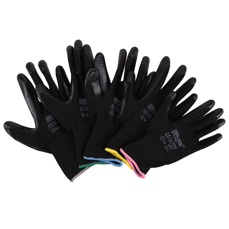 12 пар механики перчатки GMG черный красный белый полиэстер черный серый Нитриловое покрытие защитные рабочие перчатки ручные перчатки для работы