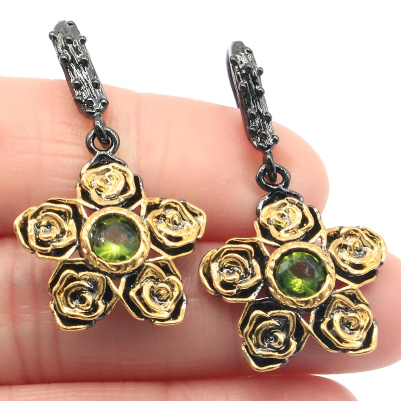 

40x28mm Unique Jewelry Set Gothic Trangle Created Tourmaline Peridot Tanzanite Black Gold Silver Pendant Earrings Hiphop