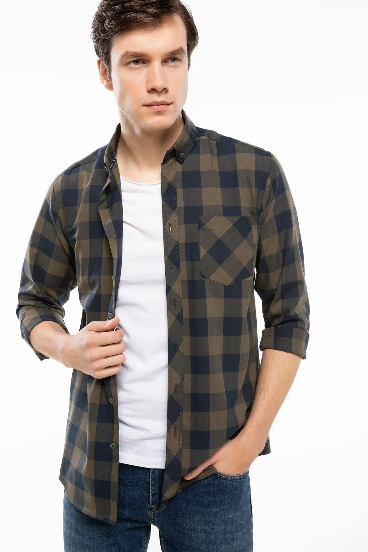 Дефакто осенняя модная мужская рубашка с длинными рукавами клетчатая