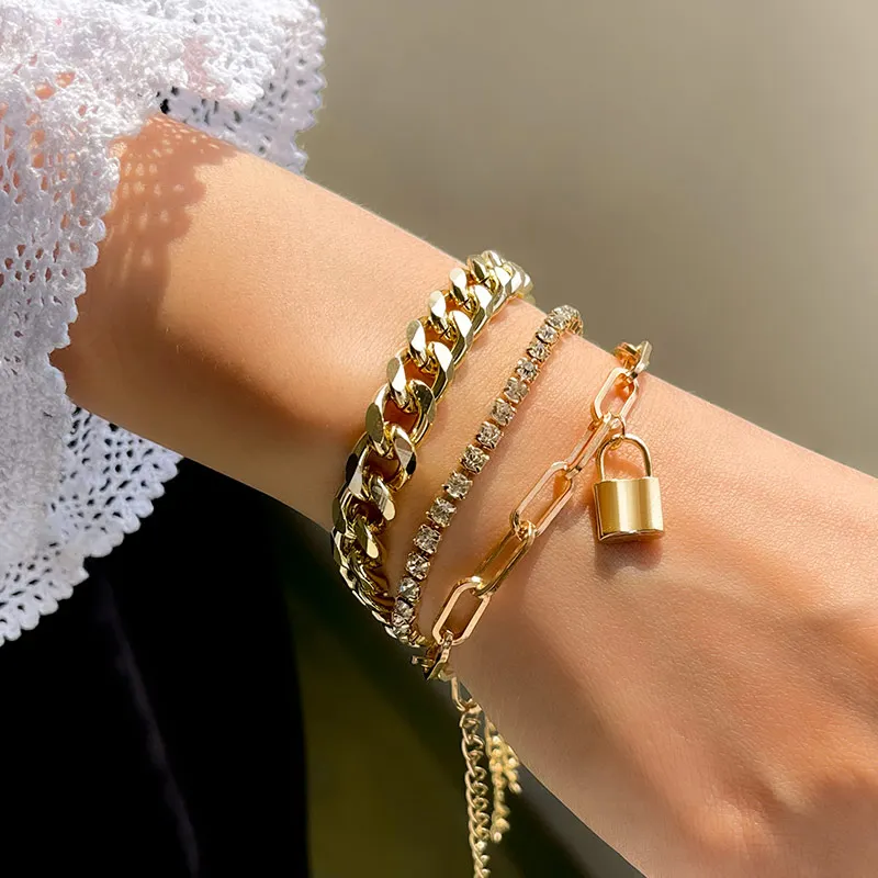 

3 Pcst Gold Color Multilayer Fashion Bracelet Set For Women Metal Thunder Link Chain Bracelets Charm Bracelets on Hand Jewelry