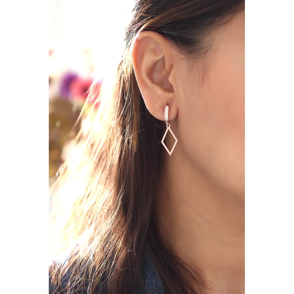 

Glossy Earrings Jewelry Hollow Parallelogram 925 Sterling Silver For Women Rose Gold Plated Drop Earrings