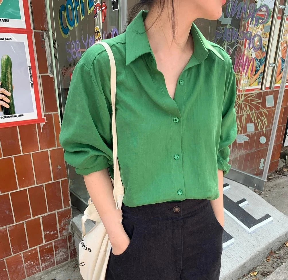 

Women Autumn Single Breasted Casual Vintage T-Shirts Slim Long Sleeve Green Tops Femme Fashion Korean Za Streetwear Shirts