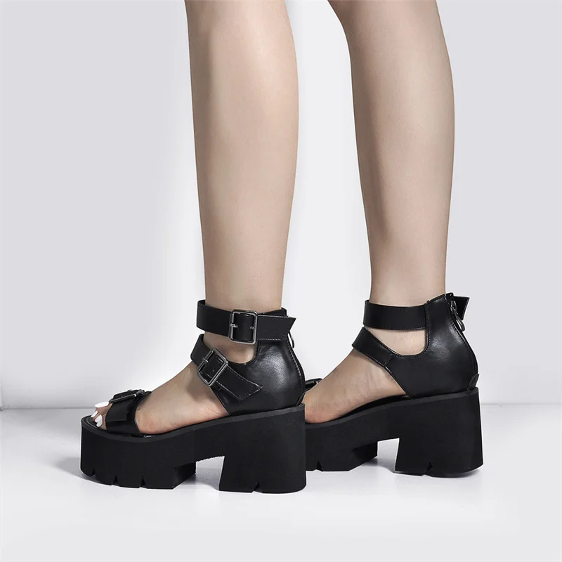 

Onlymaker Chunky Heel Platform Sandals 2021 Fashion Women Summer Open Toe Metal Buckle Decoration Narrow Strap Matte Black