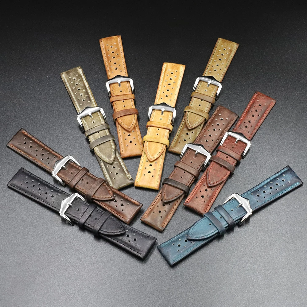 18mm 20mm 22mm 24mm Handmade Genuine Leather Watch Strap Vintage Black Blue Brown Green Watchbands High Quality Men's Watch Band