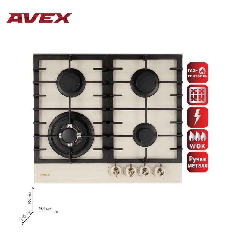 Комплект: панель с газконтролем чугунными решетками AVEX HM 6044 RY стекло электр