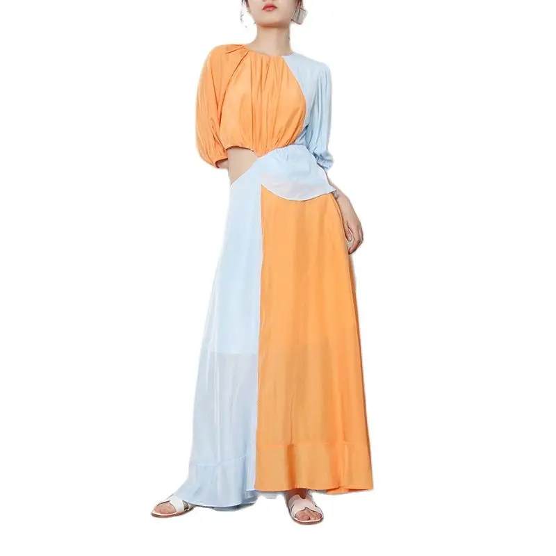 

Hot sale Holiday style contrast dress 2022 summer new round neck open waist splicing personality Round Neck Chiffon swing dress