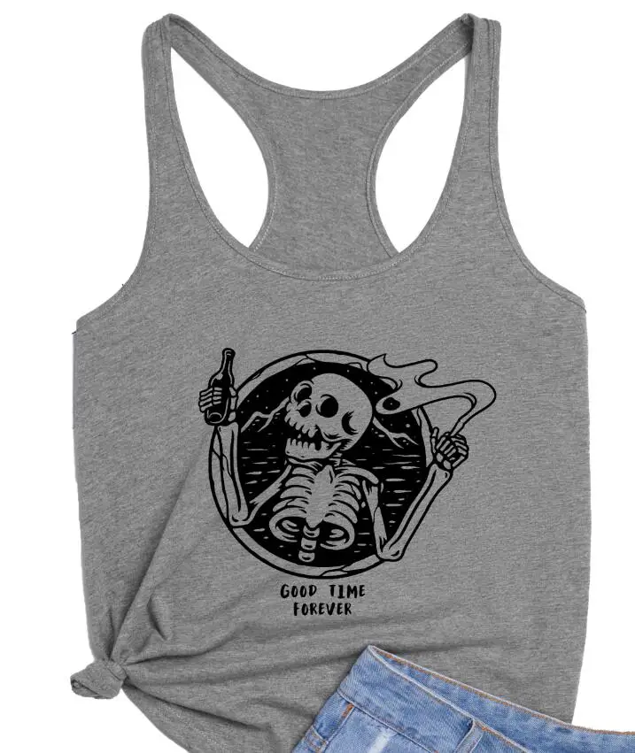 Майка женская летняя свободная с принтом скелета GOOD TIME FOREVER | Женская одежда