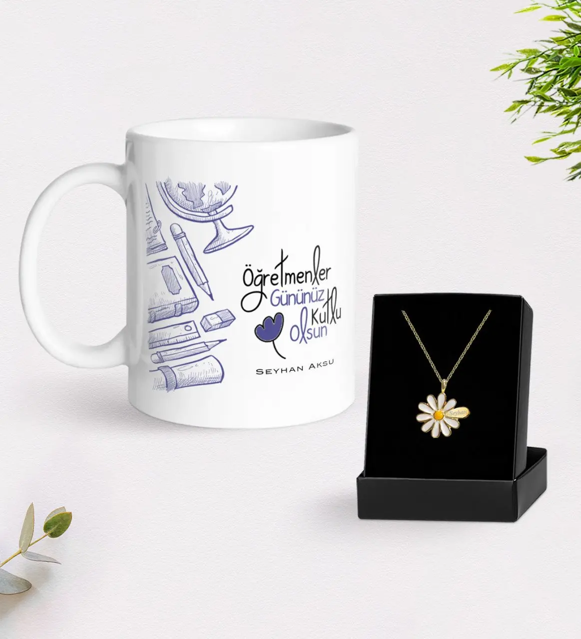 

Персонализированные учителя подарок-днем белая кружка и ожерелье Маргаритка подарок Seti-6