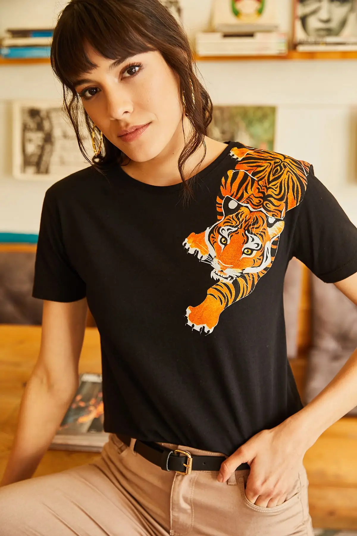 Женская футболка с принтом черного тигра Ola TSH 19000275|Футболки| |