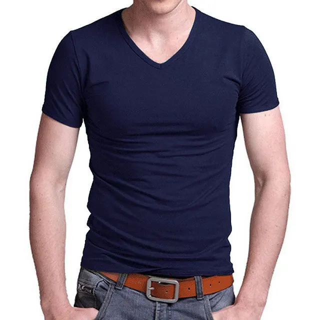 

2022 Men's Stretch Lycra T Shirt Short Sleeve Solid V Neck Slim Shirt