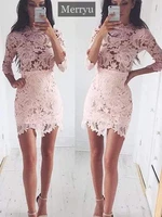 hot sale pink lace sheath cocktail dress vintage high neck formal holiday club homecoming dress 34 sleeves dresses for party