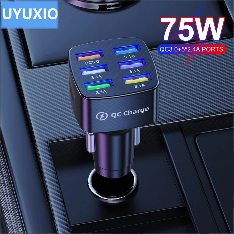 

usb car charger quick 75w for Cigarette lighter QC 3.0 6 Port Fast car Charger for Xiaomi smartphone iPhone 13 pro max 12 11
