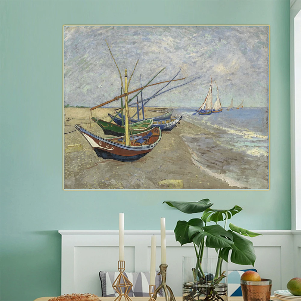 

Holover Canvas Oil Painting Van Gogh"Fishing Boats on the Beach at Les Saintes-Maries"Expressionism Aesthetic Home Decoration