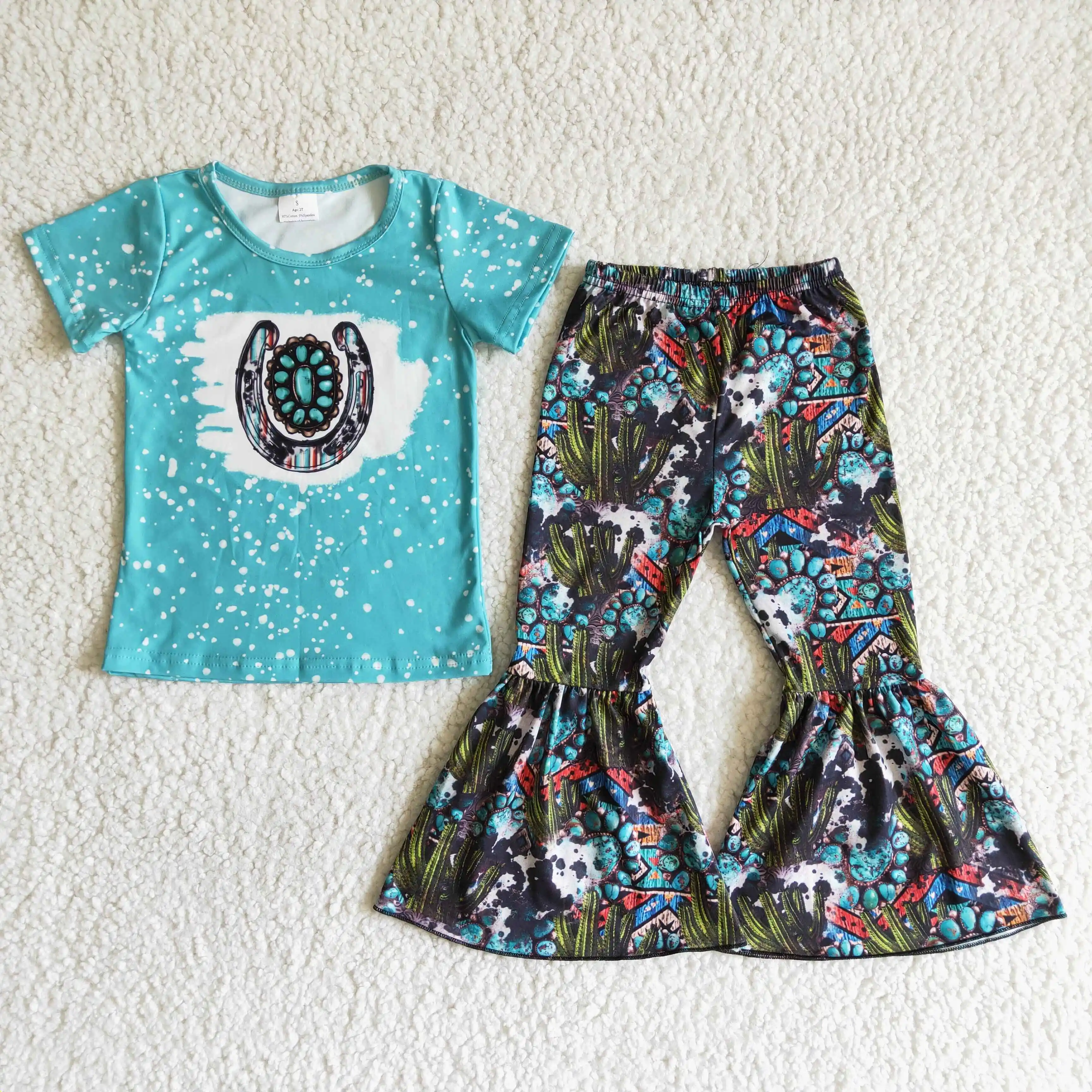 

hot sale baby clothing set spring baby girl clothes set short sleeve blue print top and bell bottom pant outfit