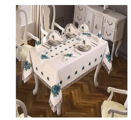 

18 pcs Luxurious Table Cloth Set Made in Turkey Blue Rose Embroideried Lace Tablecloths Table Runners Ring Dinner Napkin