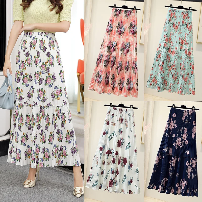 

Spring and Autumn New Fashion Women's High Waist Pleated Floral Color Half Length Elastic Skirt Promotions Lady Dress