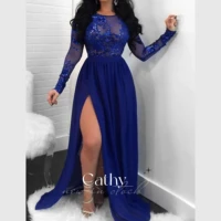 cathy sexy side split prom dresses blue lace o neck evening dresses plus size custom vestidos de fiesta