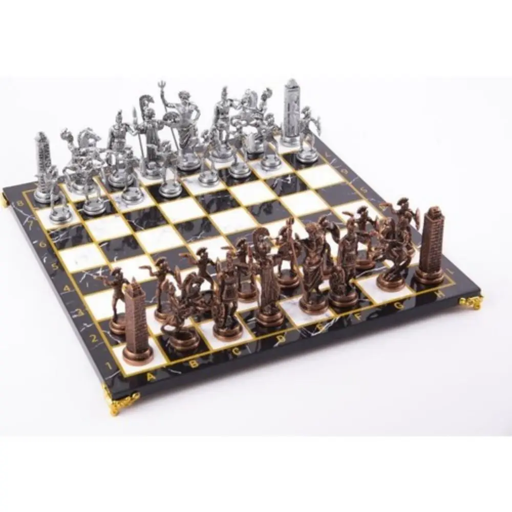 

Big Size Metal Chess set Date Roman Figures High Quality Chrome Plated King Size 11 Cm Marble Patterned Board