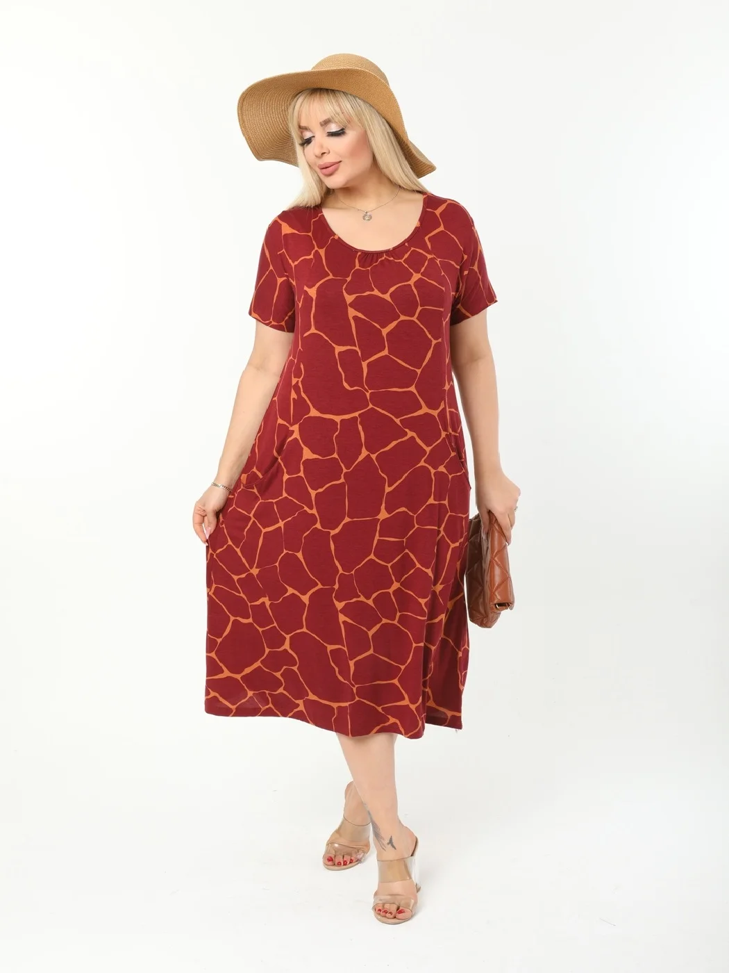 Plus Size Women Clothing 2022 Summer Casual Dressing with Pockets Red Stone Mid-Calf Lycra Knitted Viscose Made in Turkey