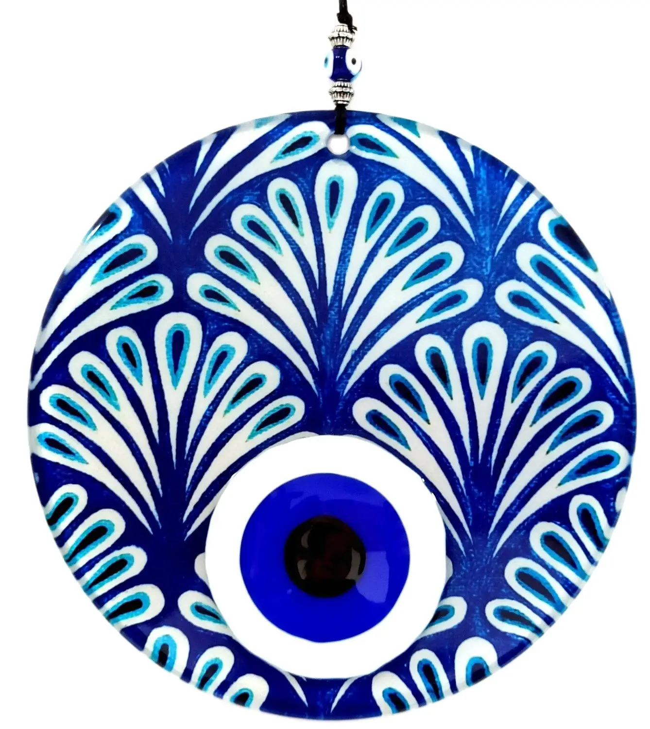 

Evil Eye Beaded Flower Patterned Fusion Glass 16 Centimeter Blue Wall Decoration