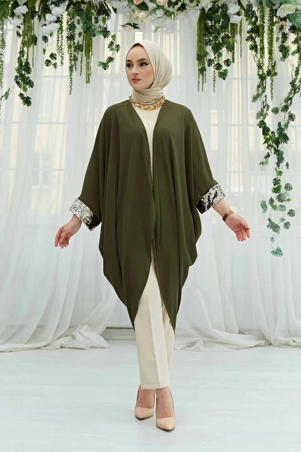 Ladies Sequins Sequined Kimono outfit for Muslim Women 'S Blue Cardigan İslamic Muslim Turkiye
