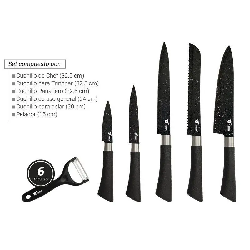Набор из 6 кухонных ножей черного цвета нержавеющая сталь для ежедневной резки