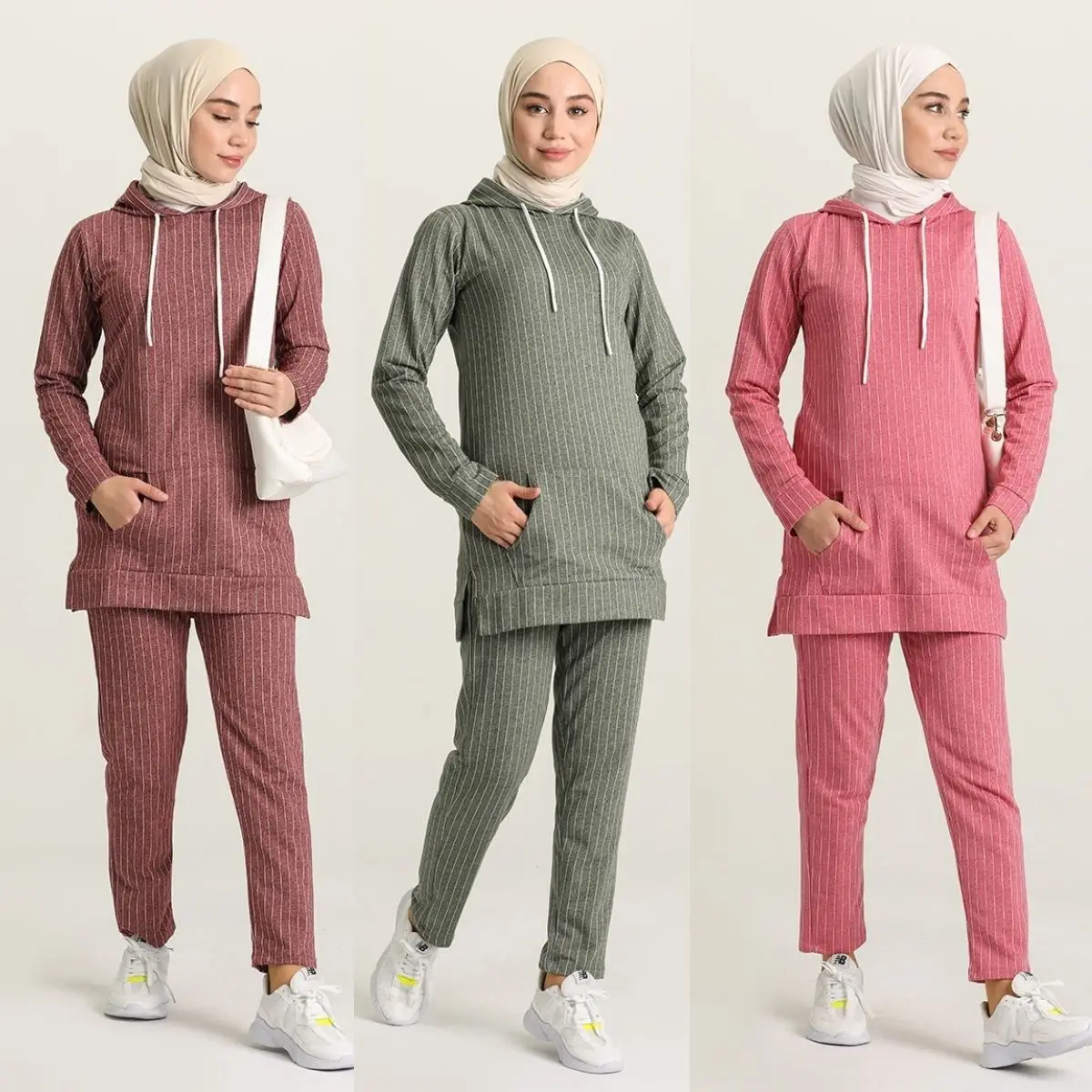 Women's Tracksuit Set Cotton Striped Pocket Hooded Unlined Long Sleeve Seasonal Winter Turkey Muslim Fashion Hijab Islamic Sport