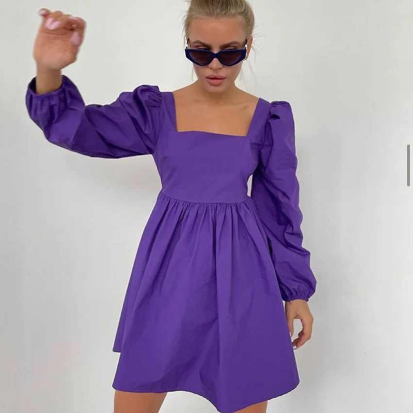 

Spring New Women'S Short Skirts Puff Long Sleeves Square Collar SexyLace-Up Backless Temperament Cotton Dress