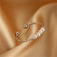 korea silver color geometric c shape open ring simple spiral texture pearl beads rings for women jewelry gift