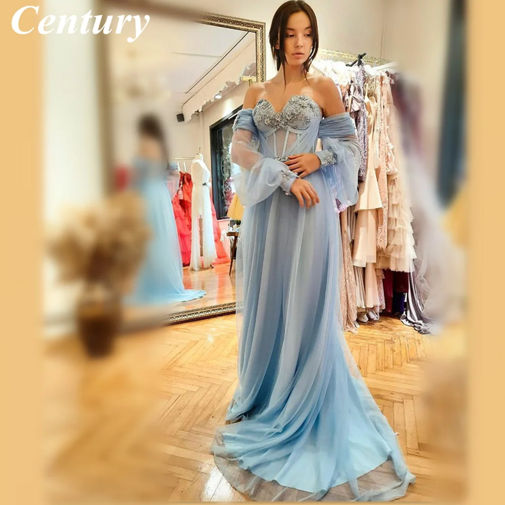Sky Blue Prom Dresses Lace Appliques Prom Gowns Long Sleeve Corset Evening Gowns Off Shoulder Formal Party Dress Robe De Bal images - 6