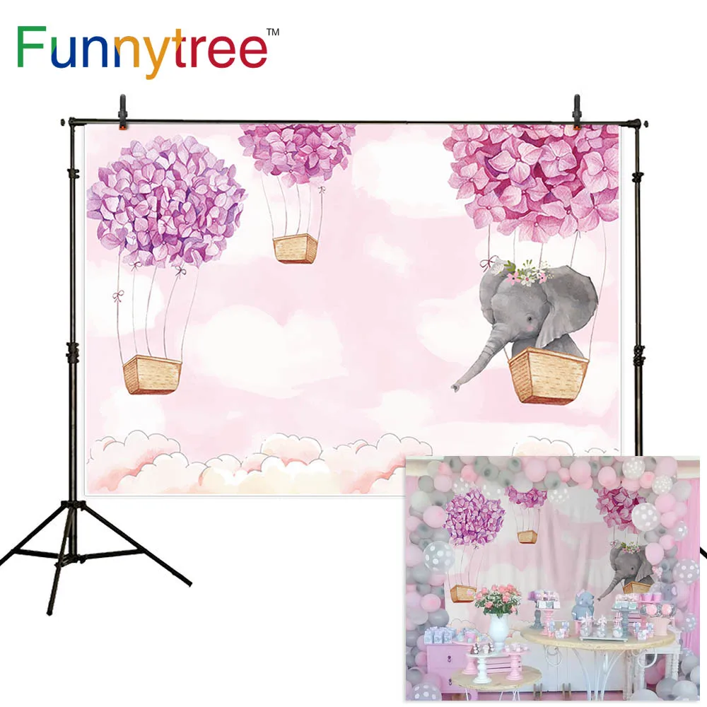 Funnytree день рождения фон для фото розовая девочка слон цветок горячий воздушный шар детский душ фон фотография Фотофон
