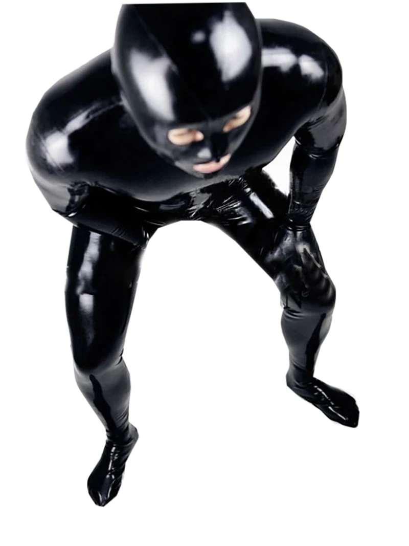 LinMe унисекс Footed Unitard из искусственной кожи ПВХ блестящая Клубная одежда крюк маска комбинезон полный охват Wetlook плюс размер костюмы на Хэллоуин