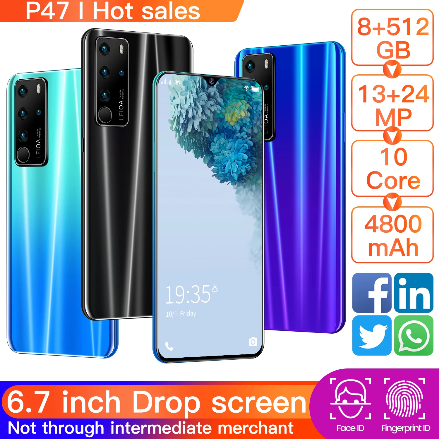 

Global Version p47pro 6.7 Inch Smartphone 12GB 256GB 4G 5G Network Unlock Mobile Phones Celulares Telefone Global